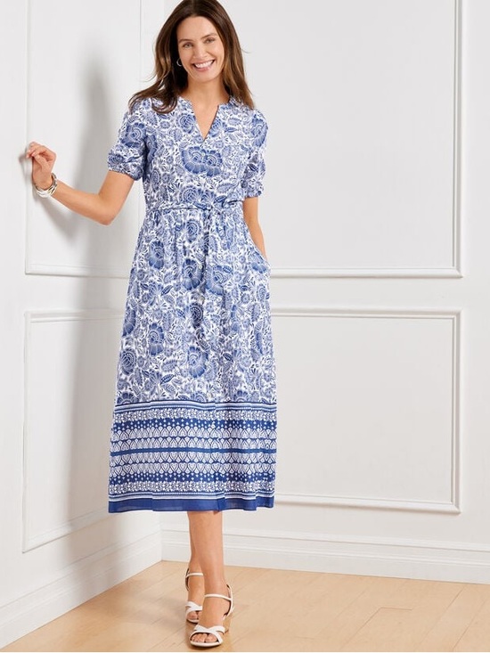 Talbots Dresses & Skirts - Talbots Puff Sleeve Fit & Flare Belted Blue Floral Front Button Dress Size 16 NW